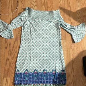 NWT Cabana Life Blue and White Off-Shoulder Dress